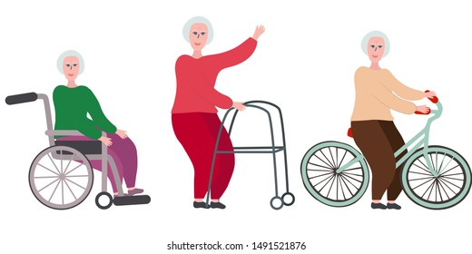 Old woman in wheelchair, walker and on bicycle. White background. Flat cartoon style. Vector illustration.
