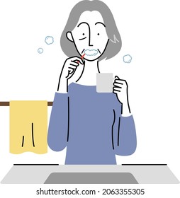an old woman who is brushing her teeth