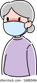 the old woman who have a fever and wearing a mask