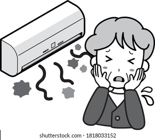 An old woman who is having trouble with an air conditioner that produces dust