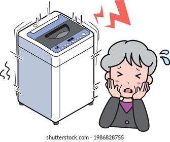 An old woman who is having trouble with a washing machine that vibrates and makes strange noises