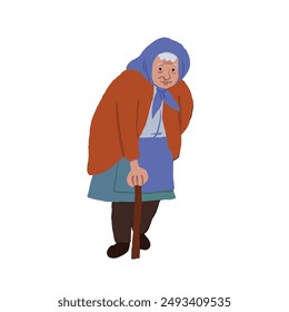 Old woman who lives in the countryside is carrying out a walking stick activity in typical clothes. Image illustration flat vector.