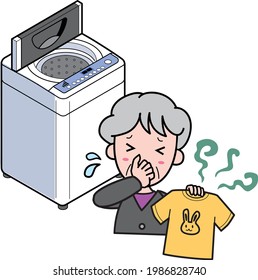 An old woman who is in trouble because of a bad smell from a washed T-shirt