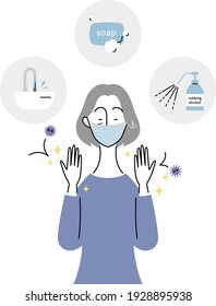 an old woman who is wearing a mask and keeps her hands clean