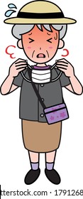An old woman (whole body) taking off her mask when she is out in summer