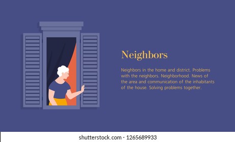 Old Woman In The Window Of An Apartment. A Neighbor Waving And Greeting. Template Banner With Text. Vector Flat Illustration