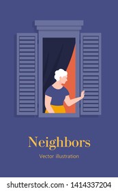 Old Woman In The Window Of An Apartment. A Neighbor Waving And Greeting. Grandmother. Template Postcard With Text. Vector Flat Illustration