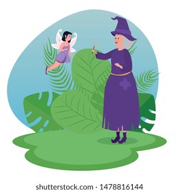 old woman witch and girl fairy flying