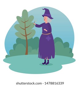 old woman witch with magic wand and hat