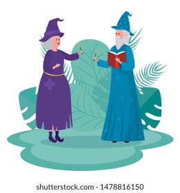 old woman witch and man wizard with magic wand