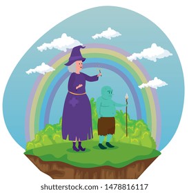 old woman witch and troll with spear and bushes plants