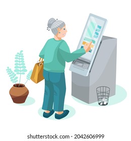 Old woman withdraws money from an ATM with touch screen. Elderly lady easy used cash machine with intuitive interface. Vector illustration isolated onwhite  background for your design.