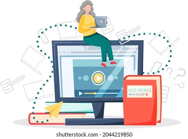 Old woman working on computer at home. Online education, video courses, modern technologies and old age concept. Lady sitting with laptop browsing internet looking for information in network