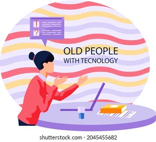 Old woman working on computer at home. Online education, web courses, modern technologies and old age concept. Lady sitting at table with laptop browsing internet looking for information in network