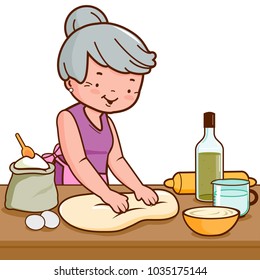 Old woman working on dough and making bread in the kitchen. Vector illustration