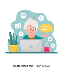 Old woman working on laptop computer at home.Grandma with laptop.Online education, modern technologies. Old age concept. Vector illustration in flat style.