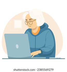 Old woman working on laptop at the table at home or office isolated on white background. Online education, shopping online, web courses, communication. Old age concept vector flat illustration. 