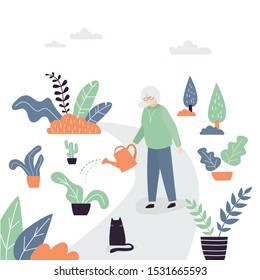 Old woman works in the garden. Grandmother watering flowers and plants. Relaxing and spending time outdoors. Gardener woman. Female character in trendy style. Vector illustration