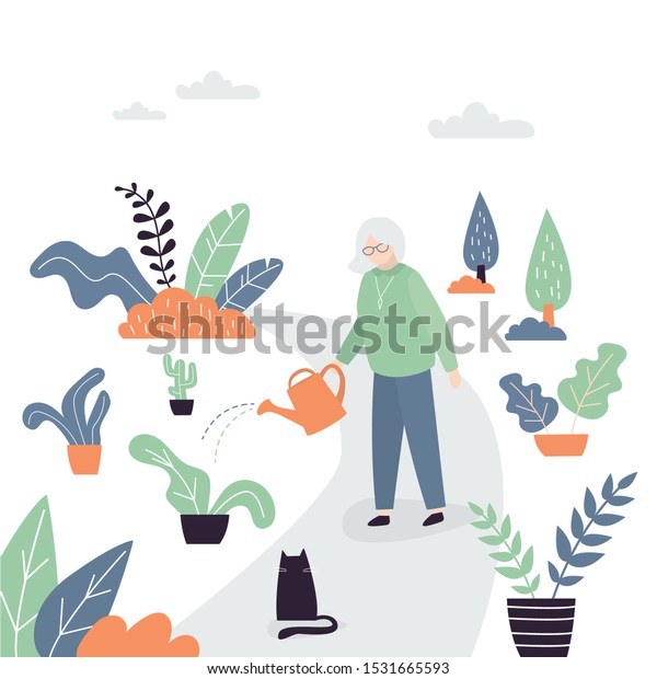 Old Woman Works Garden Grandmother Watering Stock Vector (Royalty Free ...