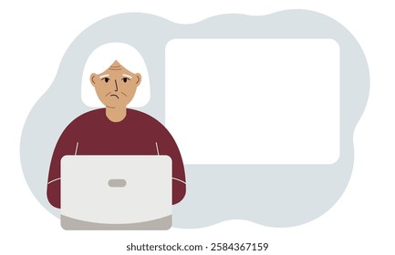 A old woman works or on a laptop, there is a place for text nearby. The concept of freelancing or distance learning and work.