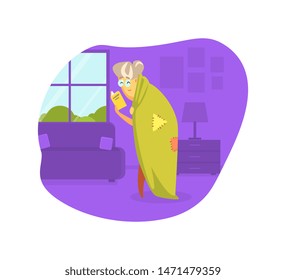 Old Woman Wrapped in Blanket Reading Book Vector Illustration