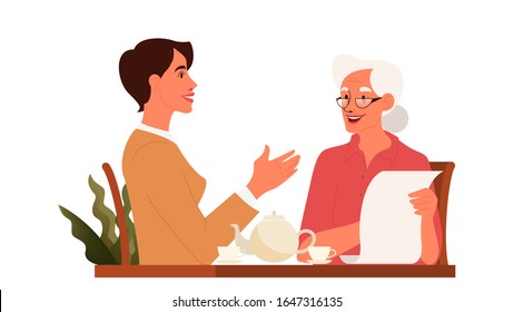 Old woman write a testament. Senior draw a will. Retirement estate planning, property transfering, financial advisor and lawyer services concept. Isolated vector illustration in cartoon style