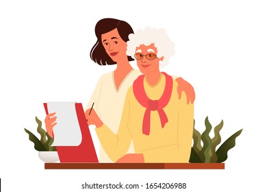 Old woman write a testament. Senior draw a will. Retirement estate planning, property transfering, financial advisor and lawyer services concept. Isolated vector illustration in cartoon style