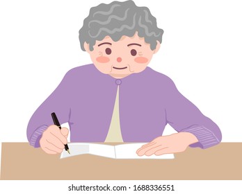 Old woman writing on paper at desk.