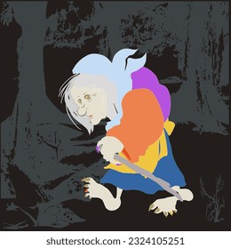 An old woman with yellow eyes, shaggy, walks barefoot through a gloomy forest. She is with a stick, in a scarf, multi-colored clothes. 