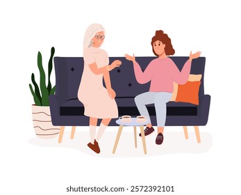 Old woman and young girl sitting on the sofa and talking. The granddaughter emotionally tells her grandmother about her problems. Tea party with relatives. Vector illustration