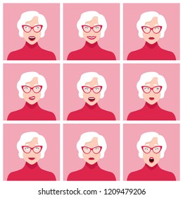 A old woman's face. Different emotions and feelings. Set of portraits. Vector Flat Illustration