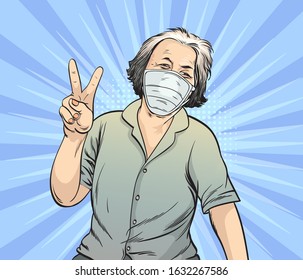 Old women are comfortable using the anti-pollution mask. Pop art  retro vector illustration comic. Separate images of people from the background.