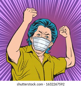 Old women are comfortable using the anti-pollution mask. Pop art  retro vector illustration comic. Separate images of people from the background.