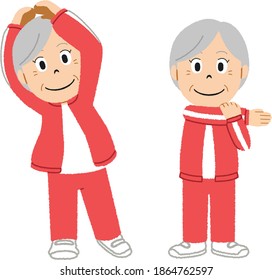 Old women are doing stretching like preparatory exercise.