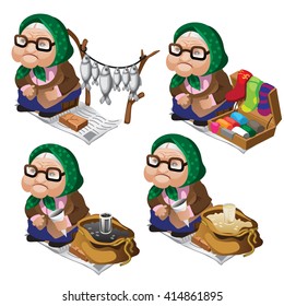 Old women are engaged in street vending. Vector illustration.