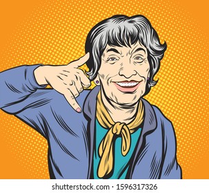 Old women are in a good mood and happy. Showing hand gestures as a telephone symbol.Pop art vector illustration drawing. Comic book work style.