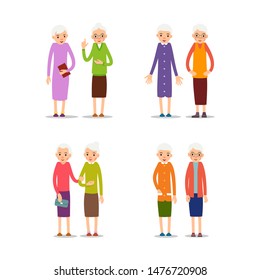 Old women. Happy retirement lifestyle. Elderly couple smiling. Beautiful set for healthy lifestyle design with caucasian woman in couple. Standing people isolated in flat style on white background.
