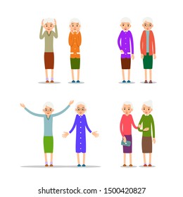 Old women. Happy retirement lifestyle. Elderly couple smiling. Beautiful set for healthy lifestyle design with caucasian woman in couple. Standing people isolated in flat style on white background.
