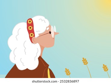 An old women with headband and glasses staring happily. side view. 