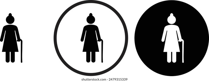 Old Women icon black outline for web site design 
and mobile dark mode apps 
Vector illustration on a white background