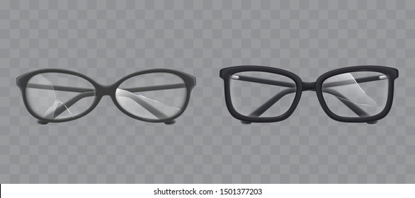 Old women, men eyeglasses with black plastic, round, rectangular frames and damaged, broken, cracked lenses glass front view, 3d realistic vector illustrations isolated on transparent background