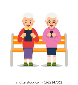 Old women with phone. Two elderly woman are sitting on bench and smiling read messages in smartphone and tablet. Happy retirement. Cartoon illustration isolated on white background in flat style.

