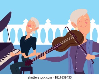 old women playing musical instruments, active senior vector illustration design