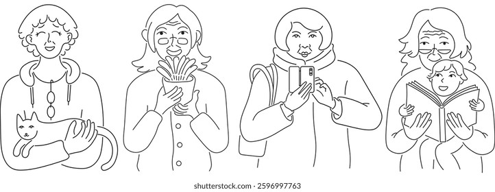 old women portrait set in doodle style. Element for design advertisement avatar sticker posts poster print postcard banner