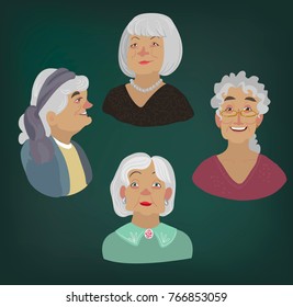 old women set portrait vector character illustration
