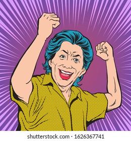 Old women show joy, smiling and raising his fist.pop art  retro vector illustration comic. Separate images of people from the background.