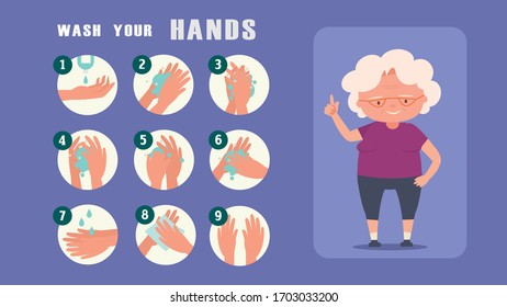 Old women teaching wash your hands step by step Reduce the risk infection disease concept crisis situation that we’re all experiencing around the world due to the coronavirus Coronavirus 2019- ncov.