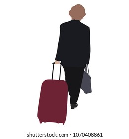 Old women traveler carrying his rolling suitcase vector illustration isolated on background. Tourist with bag.Women passenger waiting taxi for travel to airport. 