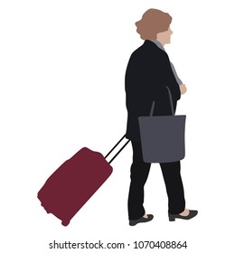 Old women traveler carrying his rolling suitcase vector illustration isolated on background. Tourist with bag.Women passenger waiting taxi for travel to airport. 