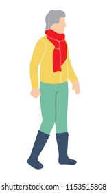 Old women wearing winter clothing and red new year scarf walks and performs outdoor activities. Cartoon colorful flat vector illustration isolated on white background